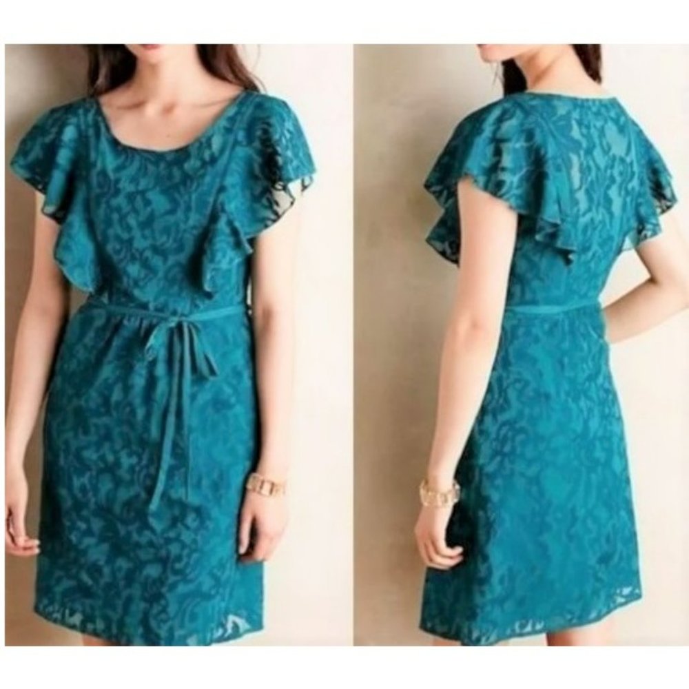 Moulinette Soeurs Teal Embroidered Ruffle Dress.